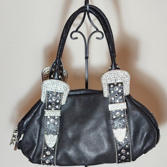 Charm and luck black genuine learher weatern rhinestone buckle handbag - Picture 2 of 6